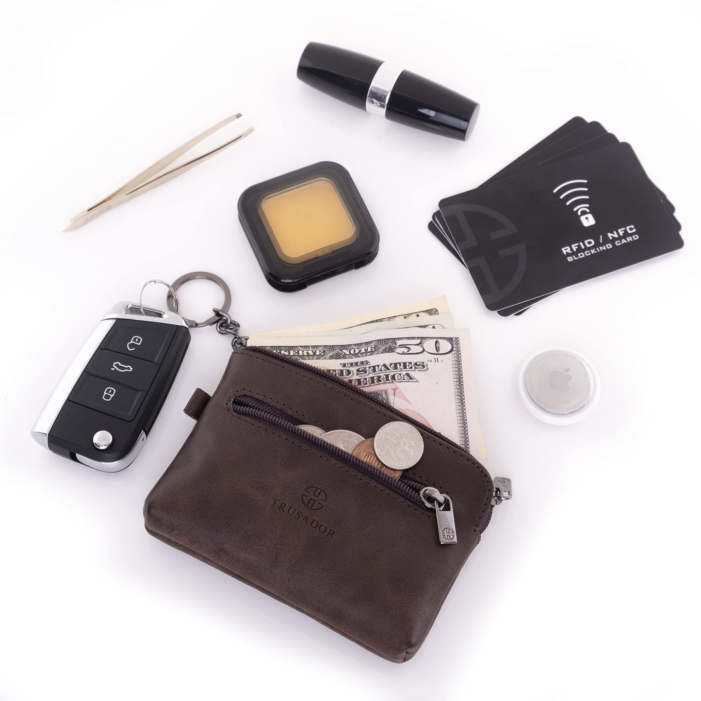 Trusador Milano Unisex Leather Front Pocket Wallet Coin Purse Zipper Pouch with Keychain (Brown)
