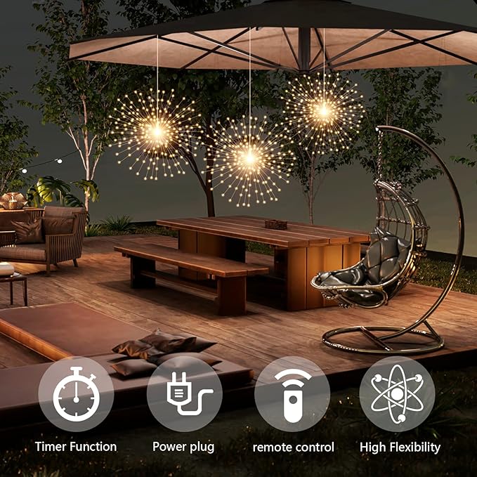 3 Pack 600 LED Plug-in Starburst Lights, Firework Light 8 Modes Dimmable Remote Control Waterproof Hanging Fairy Lights, Copper Wire Light for Patio Party Tent Halloween Christmas Decor (Warm White)