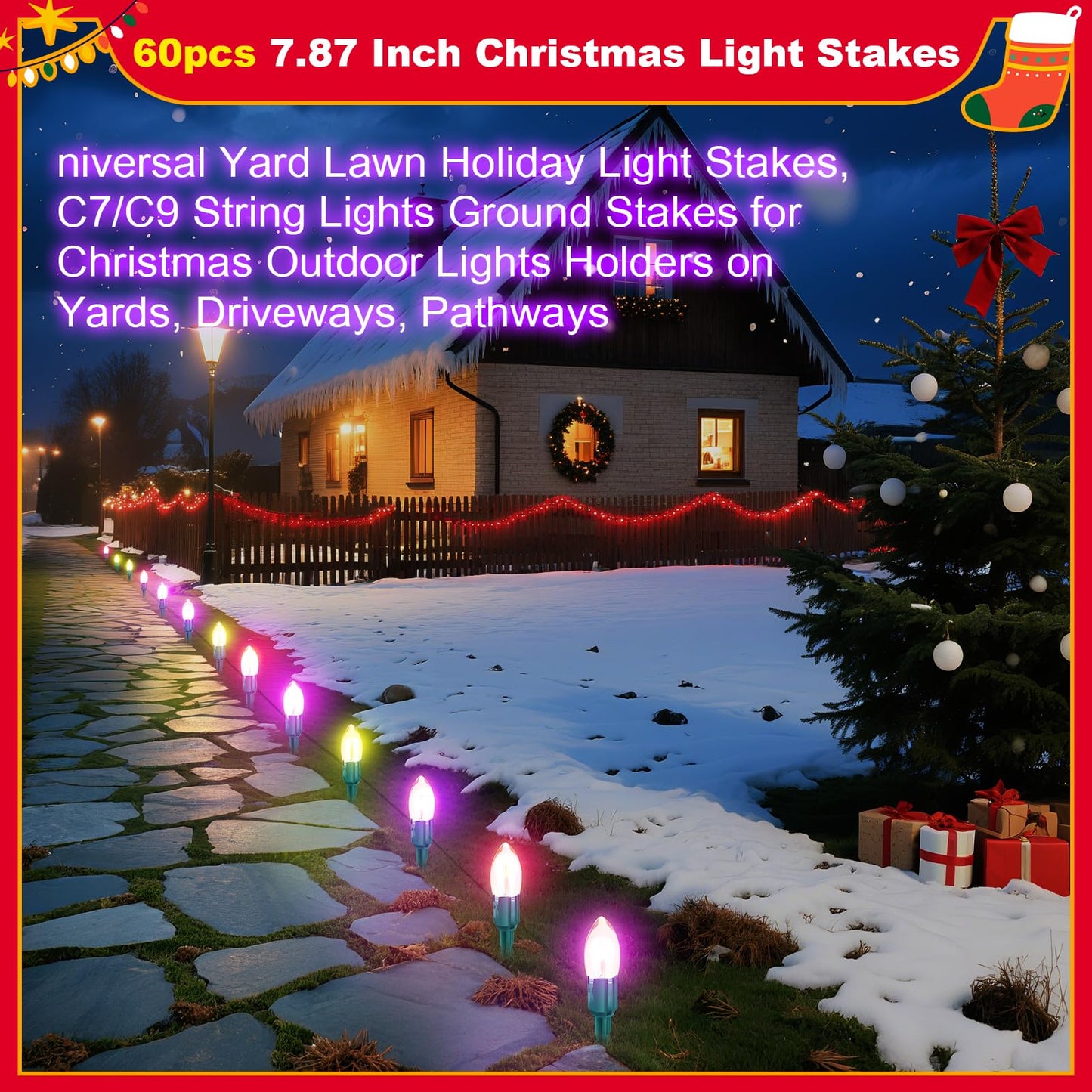 60 Pcs 7.5 Inch Christmas Light Stakes, Christmas Yard Stakes for C7 C9 Christmas Lights, Garden Path Walkway Holiday Decorations(Green)