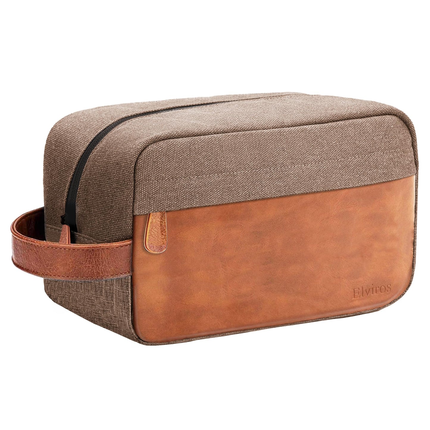 Elviros Travel Toiletry Bag for Men, Hanging Toiletries Bag Water Repellent Dopp Kit PU Leather Travel Bag for Toiletries Accessories, Khaki