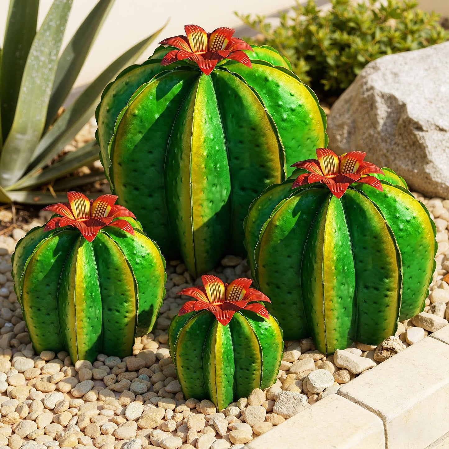 KODIBO Garden Statues, Metal Agave Plant with 4-Pack Artificial Barrel Cactus, Yard Sculpture for Outdoor Patio Lawn