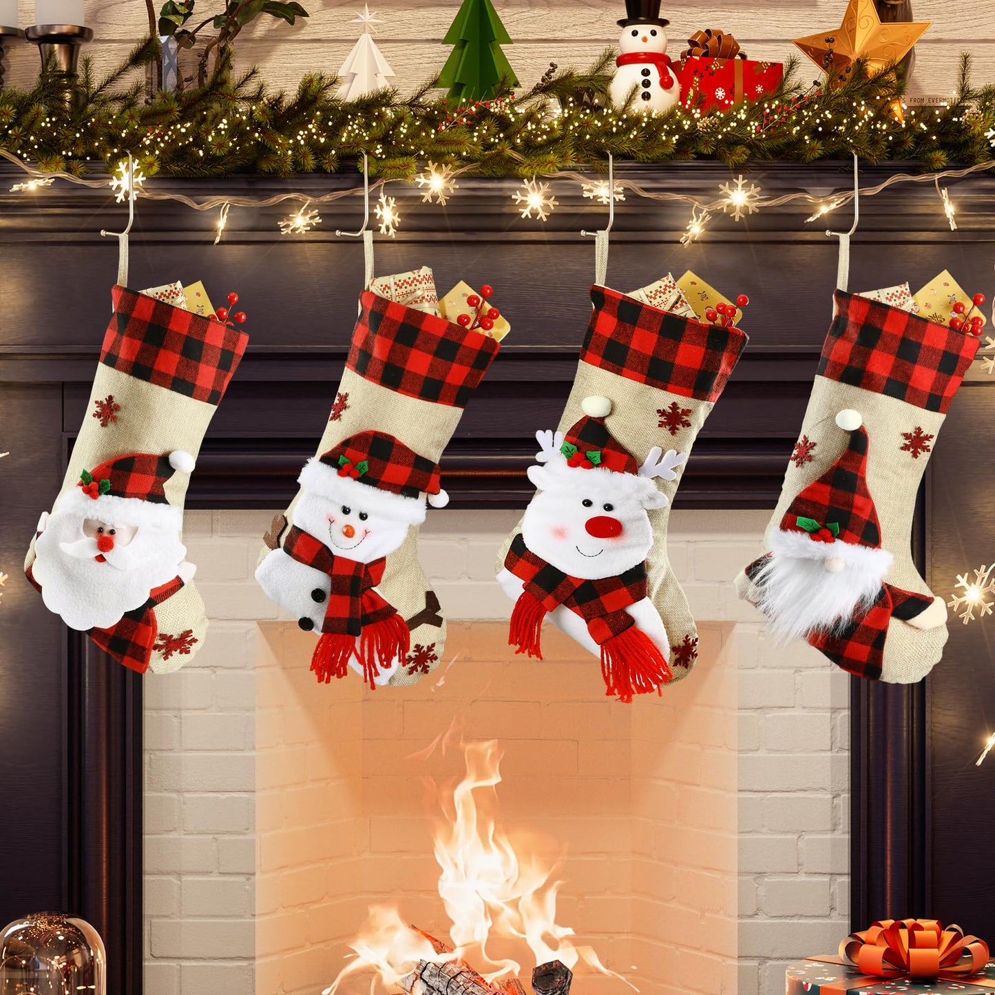 Bemaystar Christmas Stockings - 18.5" Burlap Plaid Christmas Stocking Xmas Hanging Stockings Holiday for Kids Christmas Tree Fireplace Family Party Decor - Snowman