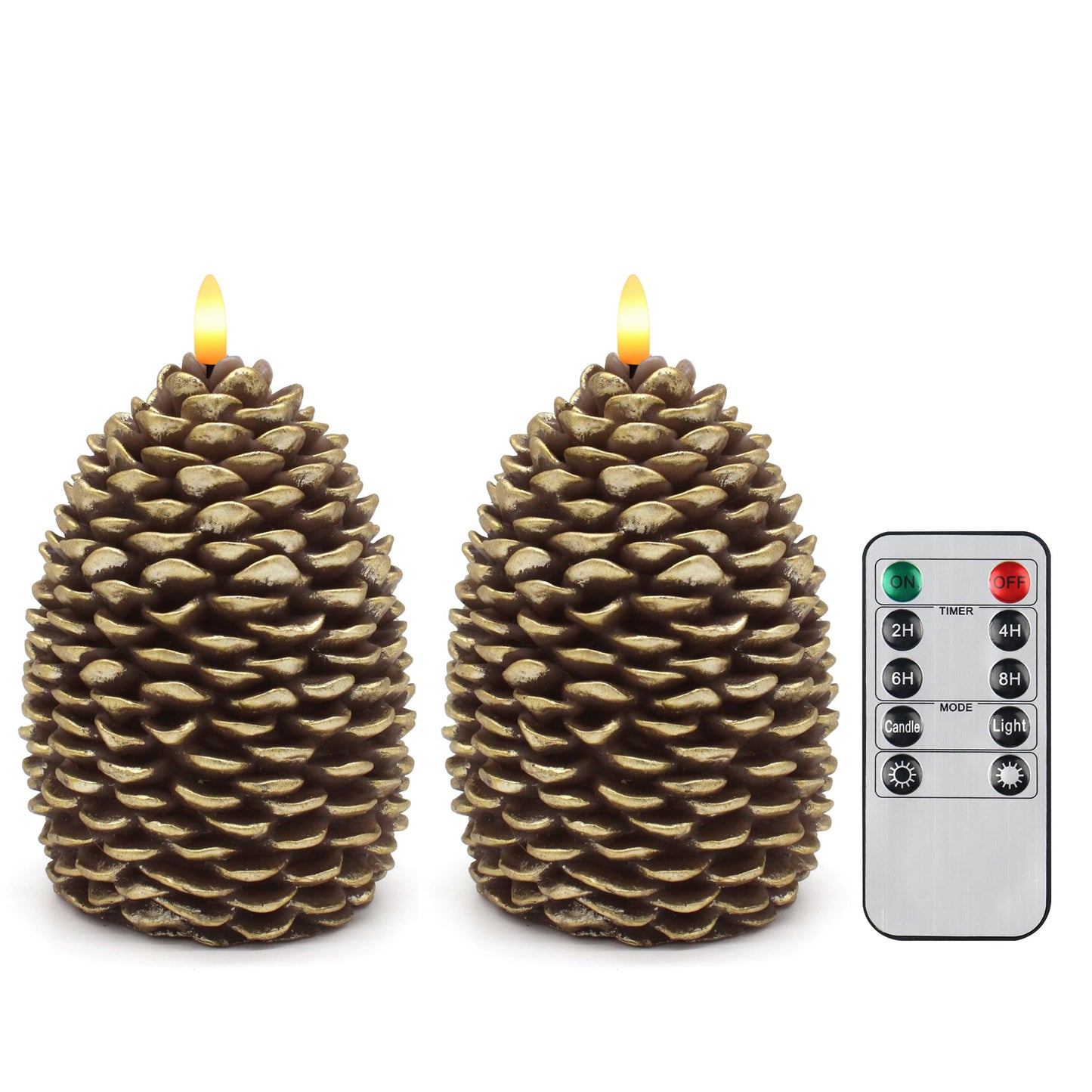 CVHOMEDECO. Pine Cone Candles Battery Operated Pinecones with Remote and Timer, Pine Cones Candle LED Flameless Flickering Candles for Fall, Christmas Decor. Golden-Brown, H 6.5 Inch, Pack of 2