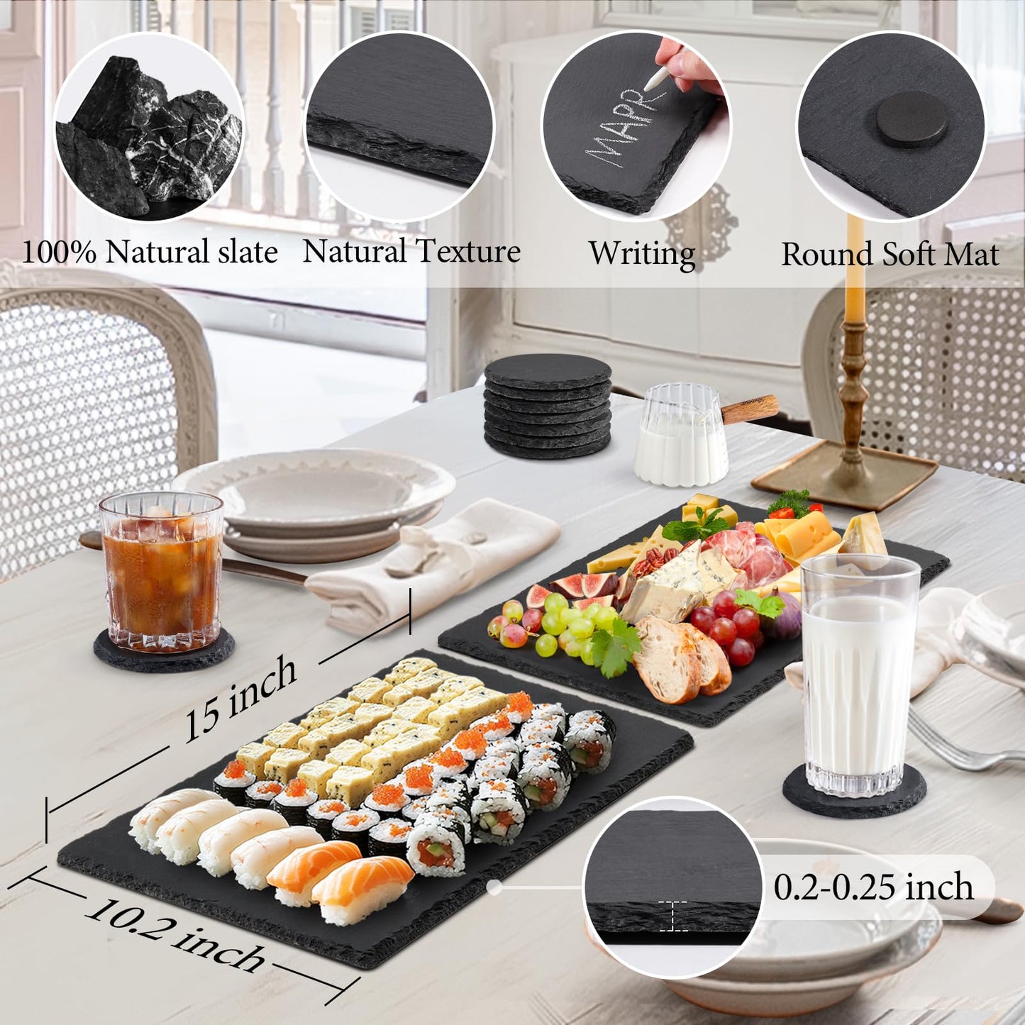 MAPRIAL Slate Cheese Boards, 4 Pack 15 x 10.2 Inch Large Charcuterie Boards Black Stone Plates Serving Tray for Party, Sushi, Wedding, Laser Engraving, Meat, Christmas, Home, Kitchen, Gifts
