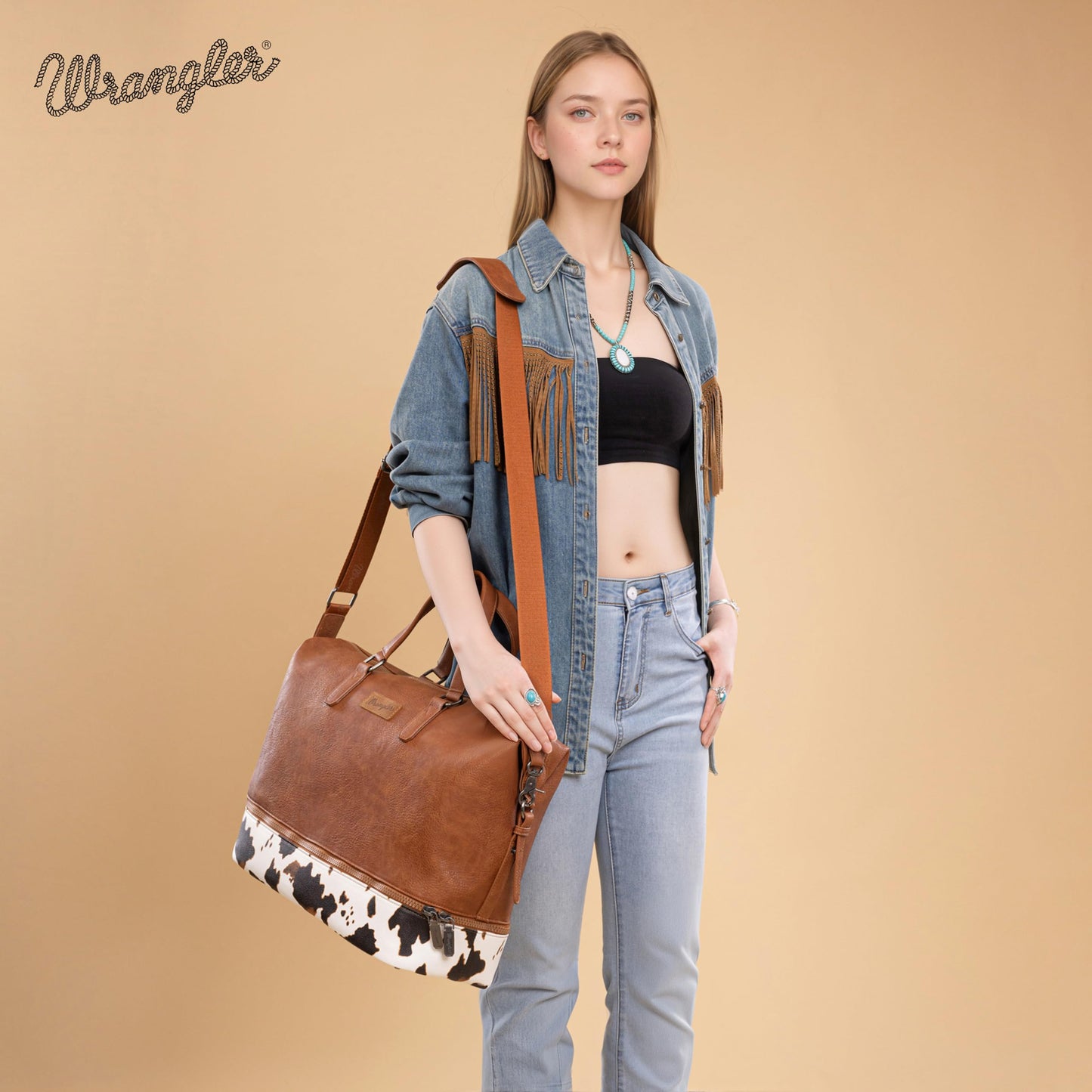 Wrangler Travel Duffel Bag Carry On Overnight Bag with Shoe Compartment Cow Print Weekender Bag for Women WG253-5110COW-BR