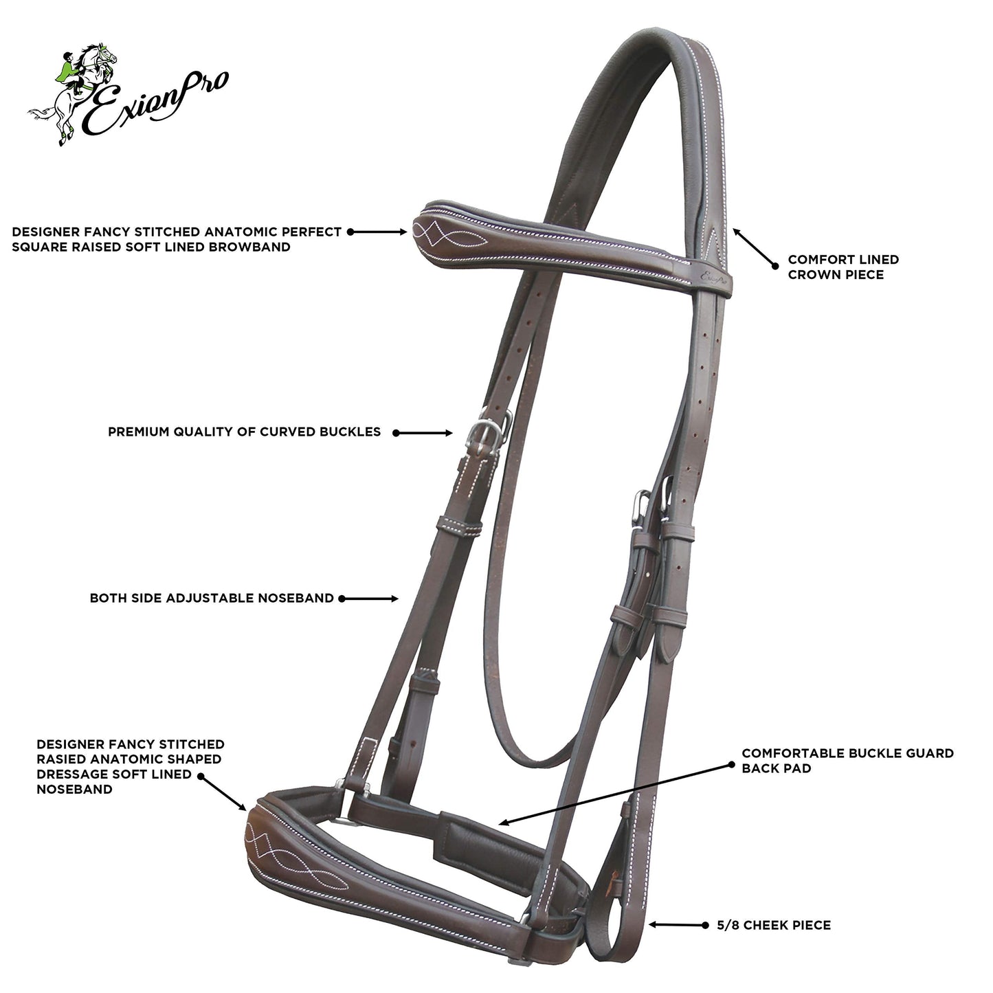 Exion Dressage Bridle for Horses – Anatomical Leather Bridle with Padded Noseband & Browband | Includes Web Reins with Hand Stoppers | Black & Brown | Cob, Full, Pony & Warmblood Sizes