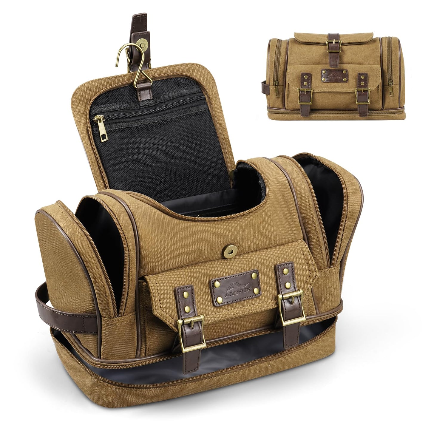 ARCFOX Travel Hanging Toiletry Bag for Men, Vintage Canvas Large Toiletry Bag with 7 Compartments, Camping Gym Travel Toiletry Kit Organizer with PVC Wet & Dry Pockets, Personalized Wash Bag, Brown