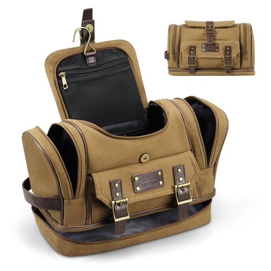 ARCFOX Travel Hanging Toiletry Bag for Men, Vintage Canvas Large Toiletry Bag with 7 Compartments, Camping Gym Travel Toiletry Kit Organizer with PVC Wet & Dry Pockets, Personalized Wash Bag, Brown