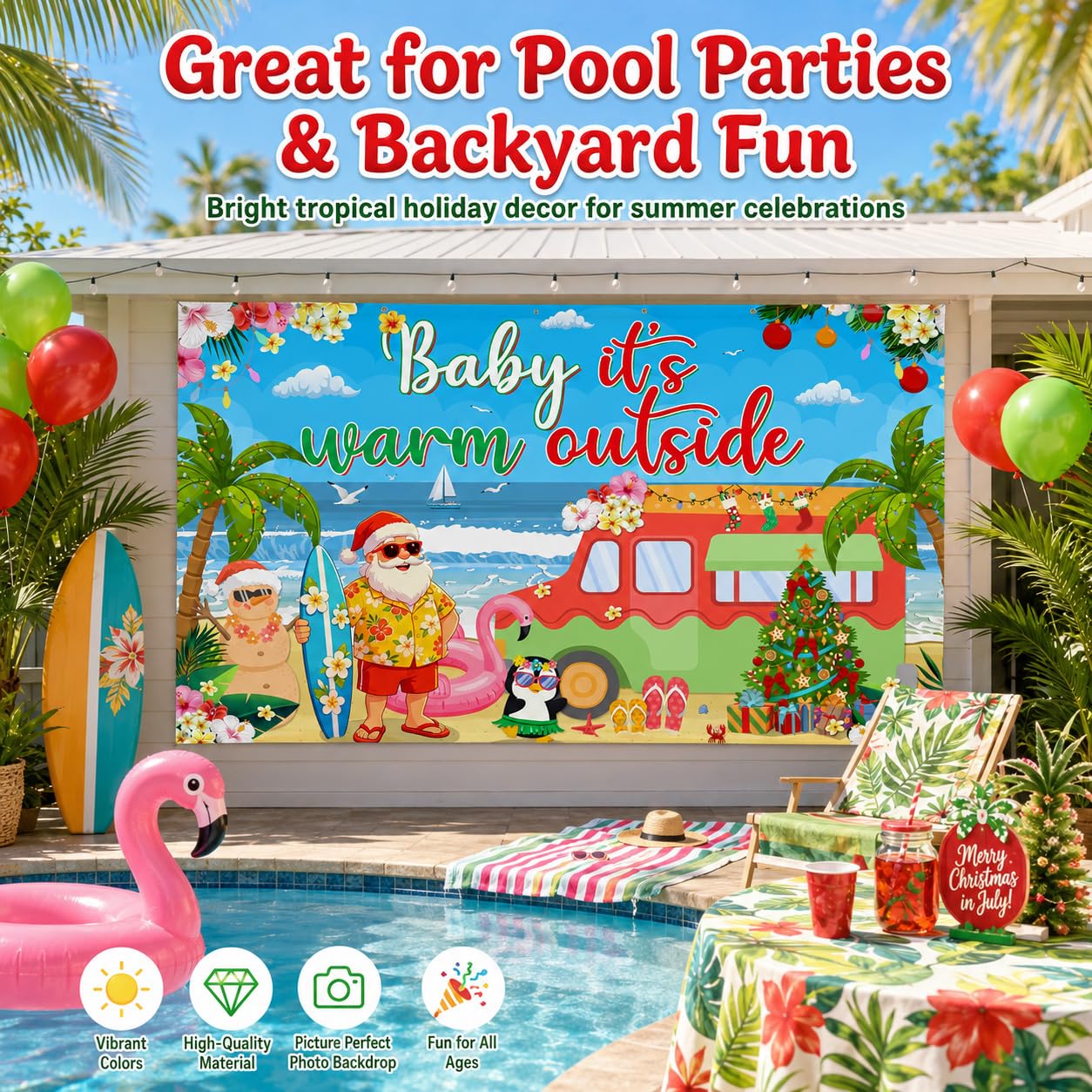 Christmas in July Backdrop 72x43 Inch Polyester Fabric, Baby Its Warm Outside Summer Santa Beach Party Decorations, Tropical Holiday Photo Background for Pool Luau Wall Decor