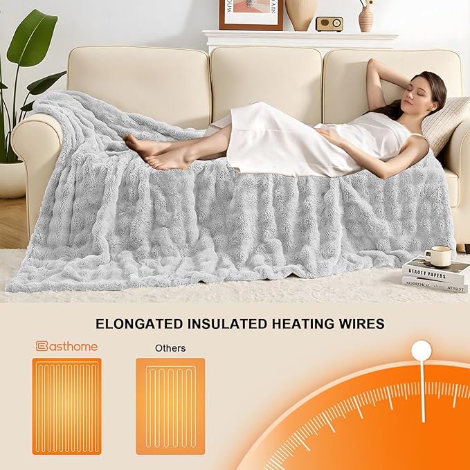 Heated Blanket Electric Throw Blanket 62''X 84''-Heating Blanket with 6 Heat Settings-10 Hours Auto Off,Cozy Faux Rabbit Fur Bubble Electric Blanket,Light Gray