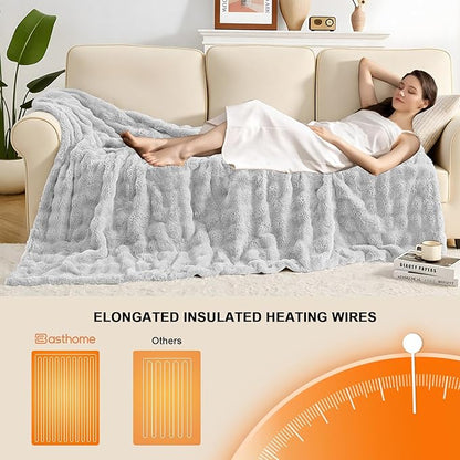 Heated Blanket Electric Throw Blanket 62''X 84''-Heating Blanket with 6 Heat Settings-10 Hours Auto Off,Cozy Faux Rabbit Fur Bubble Electric Blanket,Light Gray