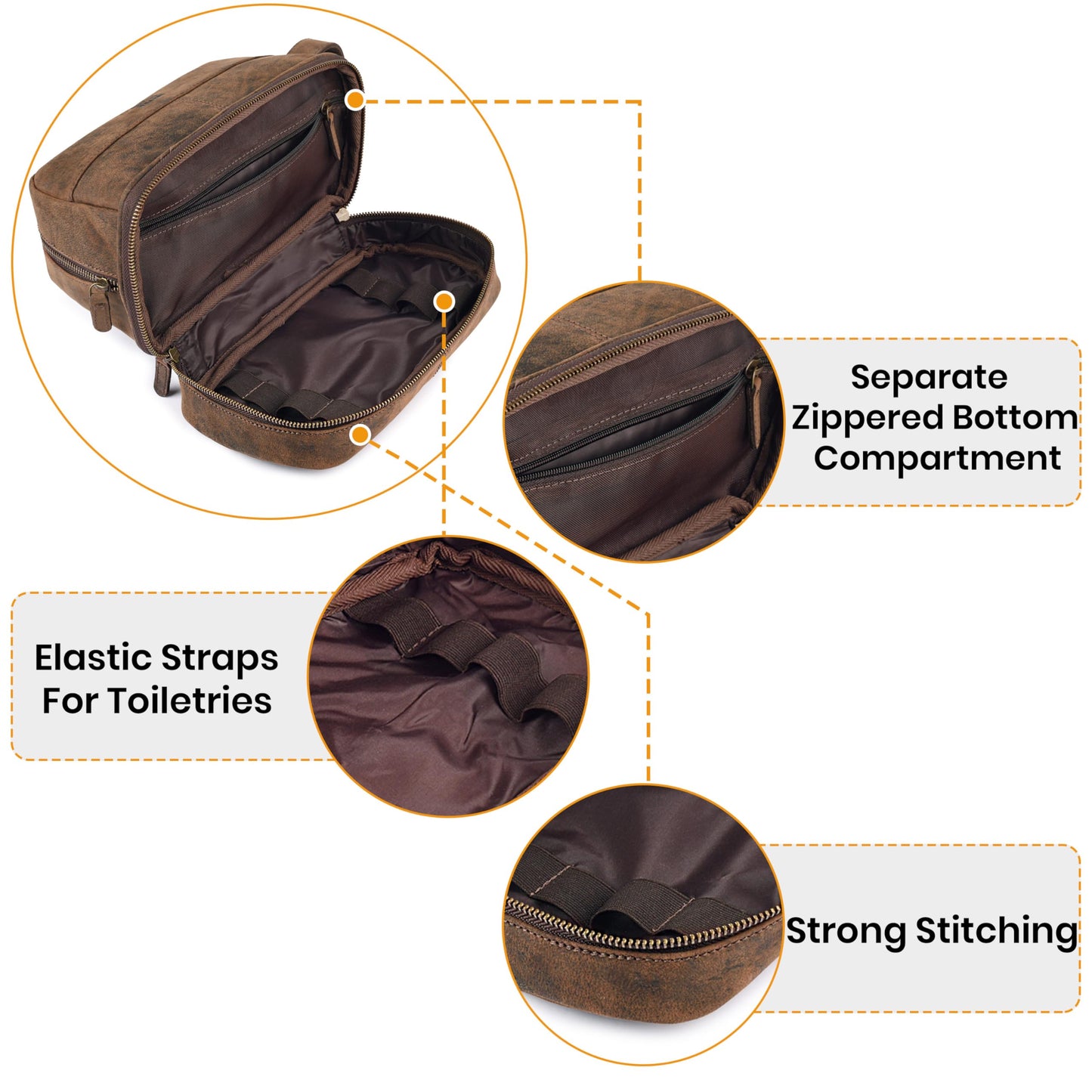 LEATHER VILLAGE Genuine Vintage Leather Dopp Kit - Travel Bag with Waterproof Lining, Large Capacity Toiletry Bag, Dual-Zip Design for Men & Women, Shaving & Bathroom Essentials Organizer-Rustic Brown