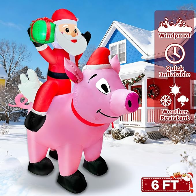 6 Ft Christmas Inflatable Outdoor Decoration, Blow Up Santa Claus Riding Flying Pig with Built in LEDs Lights,Christmas Inflatables with Gift Box for Farm Yard Garden Lawn Outside Indoor Holiday Party