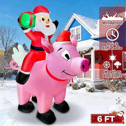 6 Ft Christmas Inflatable Outdoor Decoration, Blow Up Santa Claus Riding Flying Pig with Built in LEDs Lights,Christmas Inflatables with Gift Box for Farm Yard Garden Lawn Outside Indoor Holiday Party