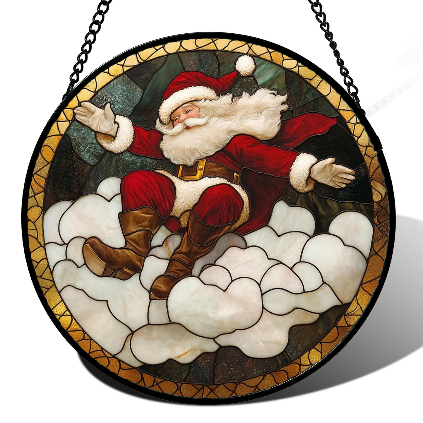 Stained Glass Window Hanging - Red White Santa Claus Clouds Suncatcher for Doors Home Christmas Decoration Sun Catcher Thanksgiving New Year Birthday Gifts for Friend Women Men Mom Nana 7.8 in