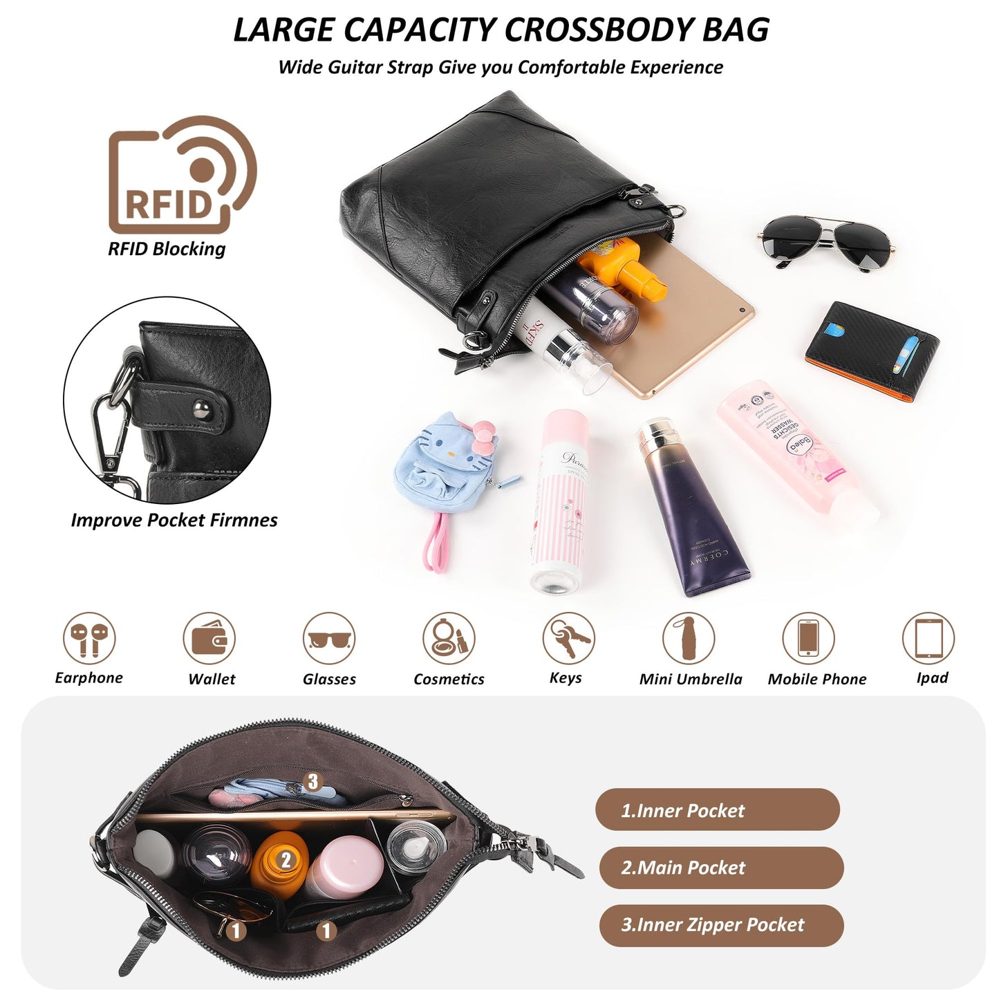 TANTOMI Crossbody Bags for Women, Vegan Leather Hobo Purse for Travel, Shoulder Handbags with Adjustable Wide Strap