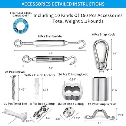 Globe String Light Suspension Kit, Outdoor Light Guide Wire, Vinyl Coated Stainless Steel Steel Cable，Include 300ft Transparent PVC and 304 Stainless Steel Wire Cable, Turnbuckle and Hooks