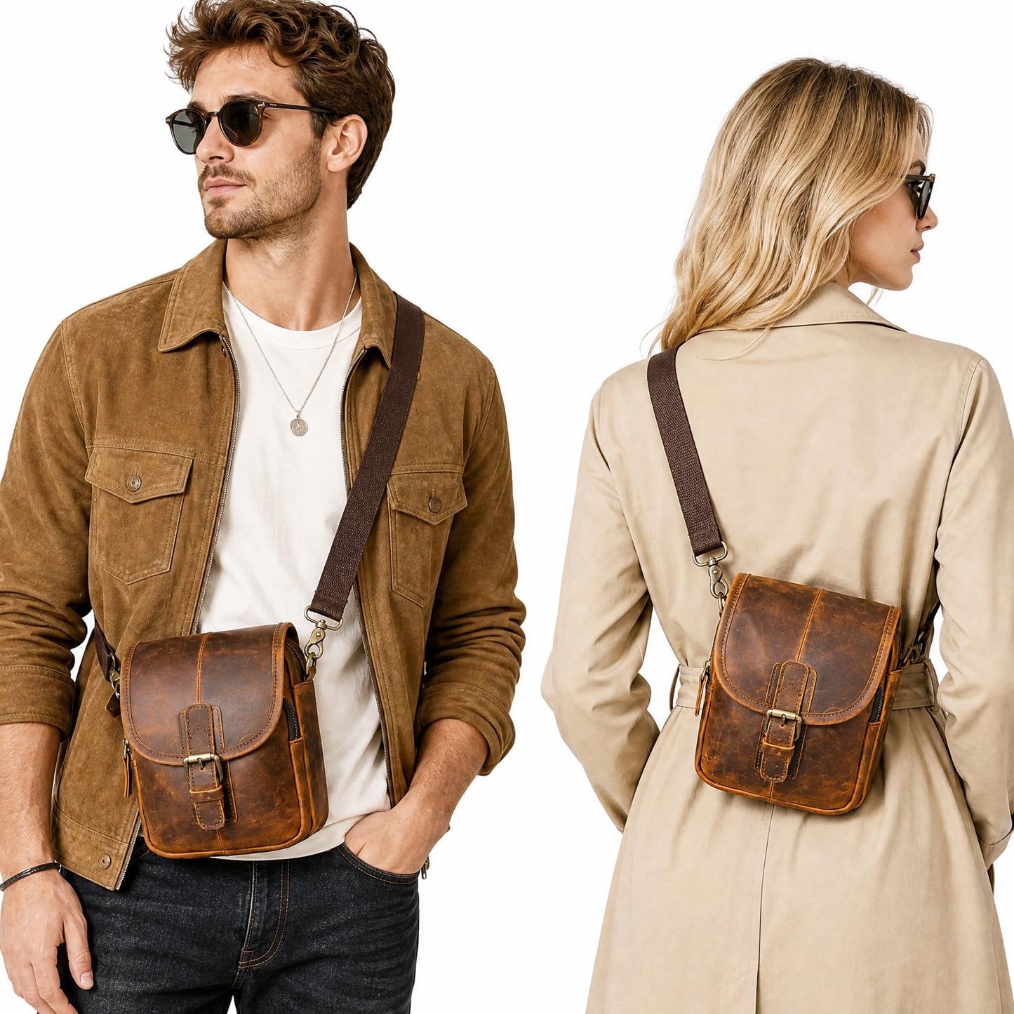 Handadsume Water Resistant Canvas + Leather Hiking Riding Travel Fanny Waist Pack Small Phone Pouch For Men Women FB811-29 (100% Leather- Coffee)