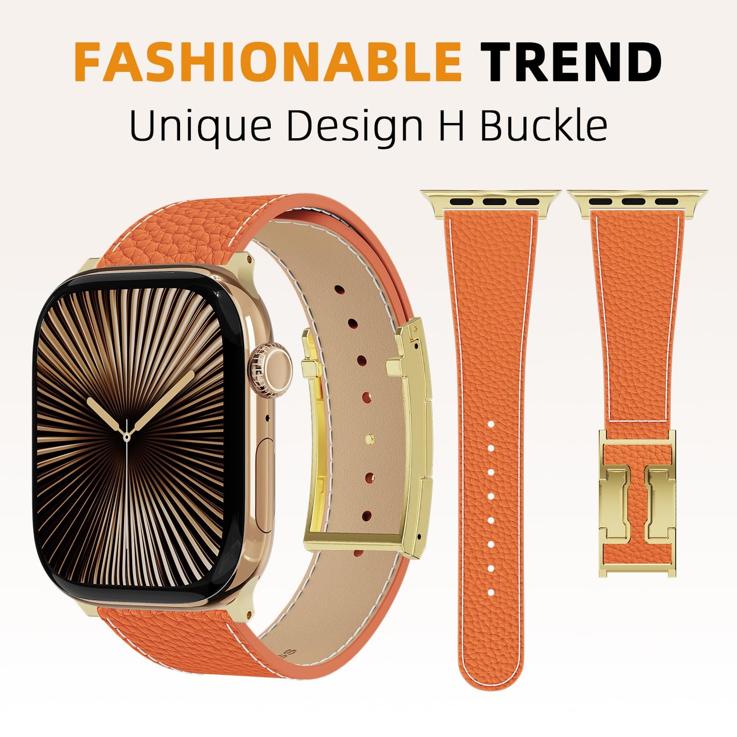 Leather Band Compatible with Apple Watch BandUltra 2 1 Series 10/9/8/7/6/5/4/SE,H-Shaped Buckle strap for iWatch 38/40/41/42/44/45/46/49mm Women Men (Orange Band + Gold H Buckle, 38mm 40mm 41mm 42mm)