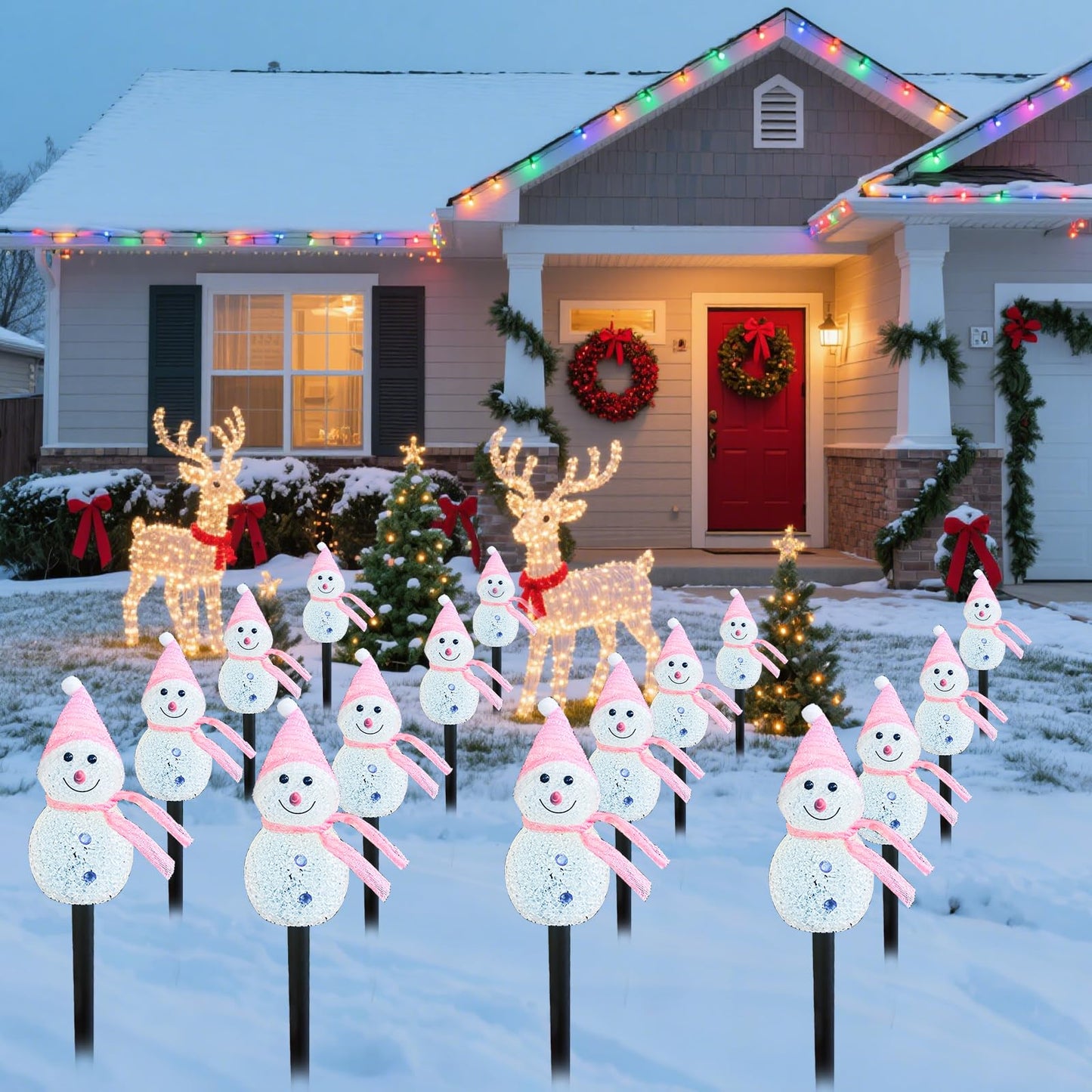 Taoushuleng Christmas Pink Snowman Pathway Lights, Solar Powered Snowman Light with 4 Stakes with 8 Lighting Modes for Pathway, Winter Yard, Garden Decor (Pink Snowman)