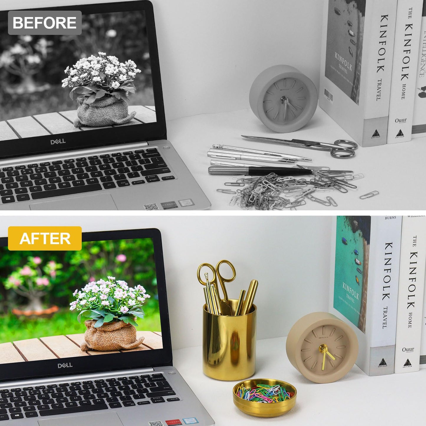 MultiBey 2 Pcs Gold Desk Organizer Set, Luxury Paper Clip Holder & Pencil Holder Cup for Office Supplies, Metal Makeup Brush Holder, Decorative Desktop Accessories (Gold)