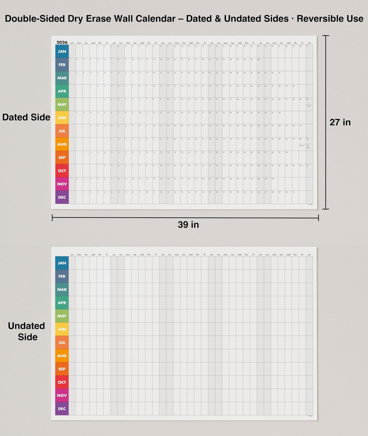 Dry Erase Wall Calendar 2026, 27×39 in — Double-Sided Yearly Planner (Dated & Undated), Reusable Write & Wipe, Large Wall Planner for Home, Office, Classroom — Rolled Poster.
