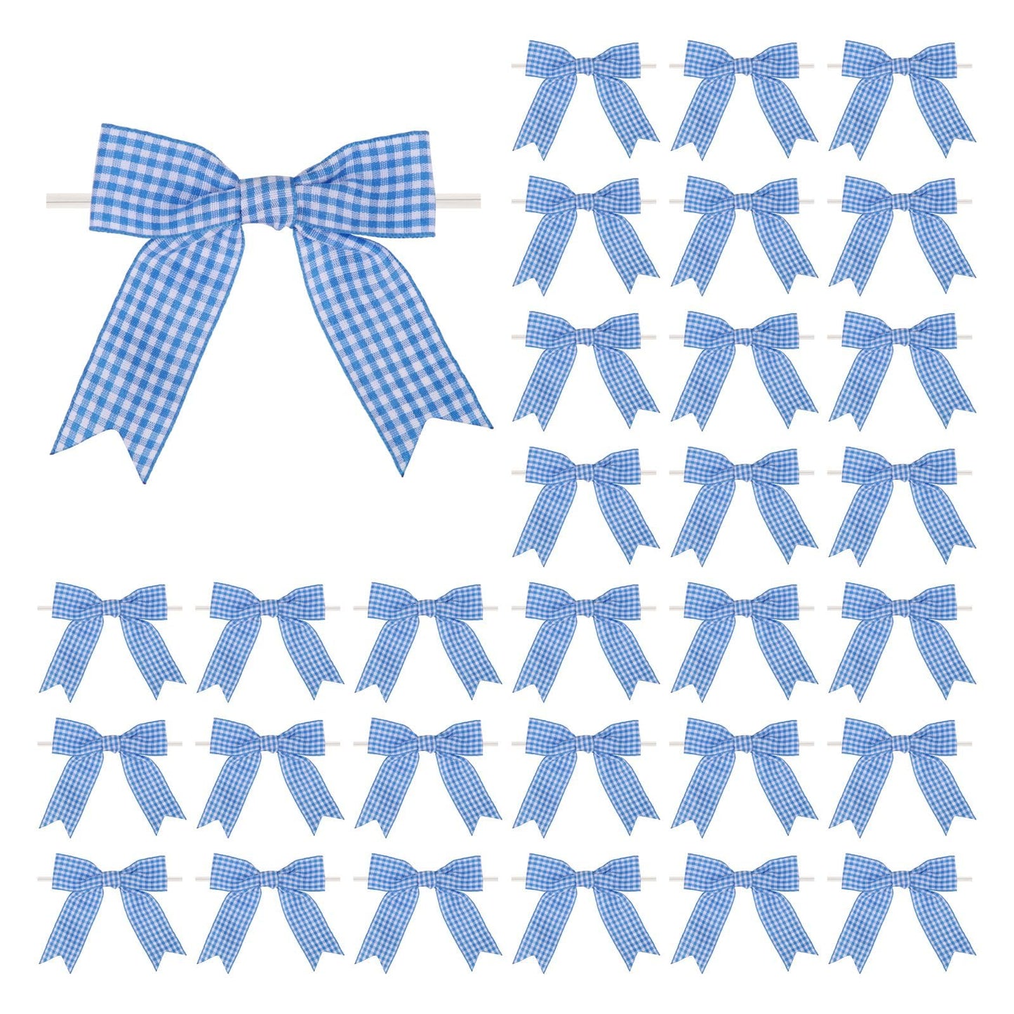 Meseey 30 Pcs 3.5 Inches Gingham Ribbon Bows with Twist Tie Blue and White Buffalo Check Premade Craft Bows for Gift Wrapping Basket Wedding Baby Shower Brithday Party(BlueW)