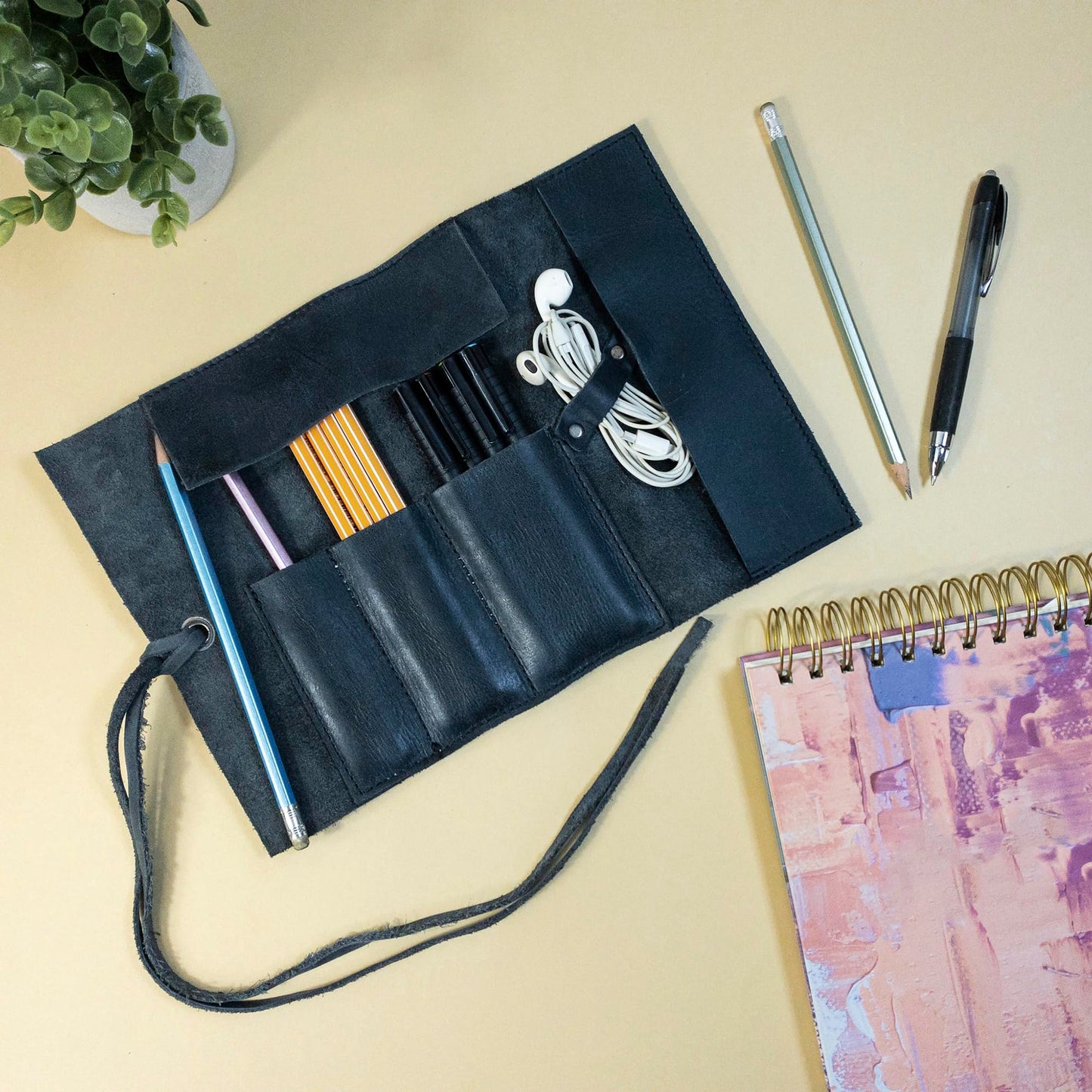 Hide & Drink, Rustic Pencil Roll Pouch, Multi-Purpose Storage Wrap for Scissors, Earphones, Organizer for Craft, Full Grain Leather, Handmade, Slate Blue