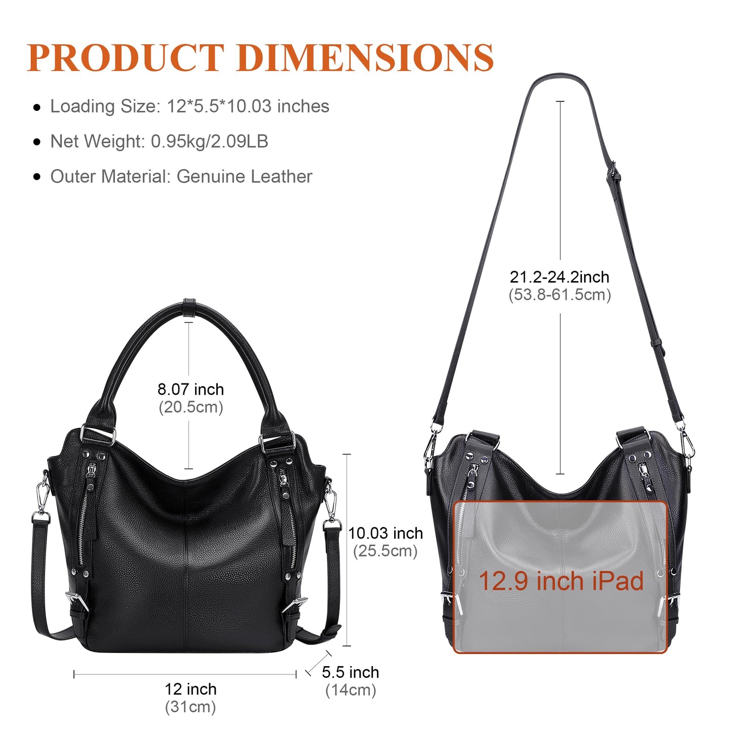 Over Earth Genuine Leather Handbags for Women Hobo Shoulder Bags Ladies Tote Bag(O172E Black)