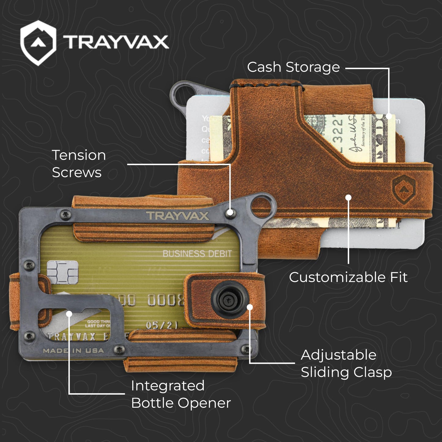Trayvax Contour Wallet, RFID Front Pocket Money and Credit Card Holder, Minimalist Slim Leather Metal Wallet for Men and Women, Black Tobacco Brown