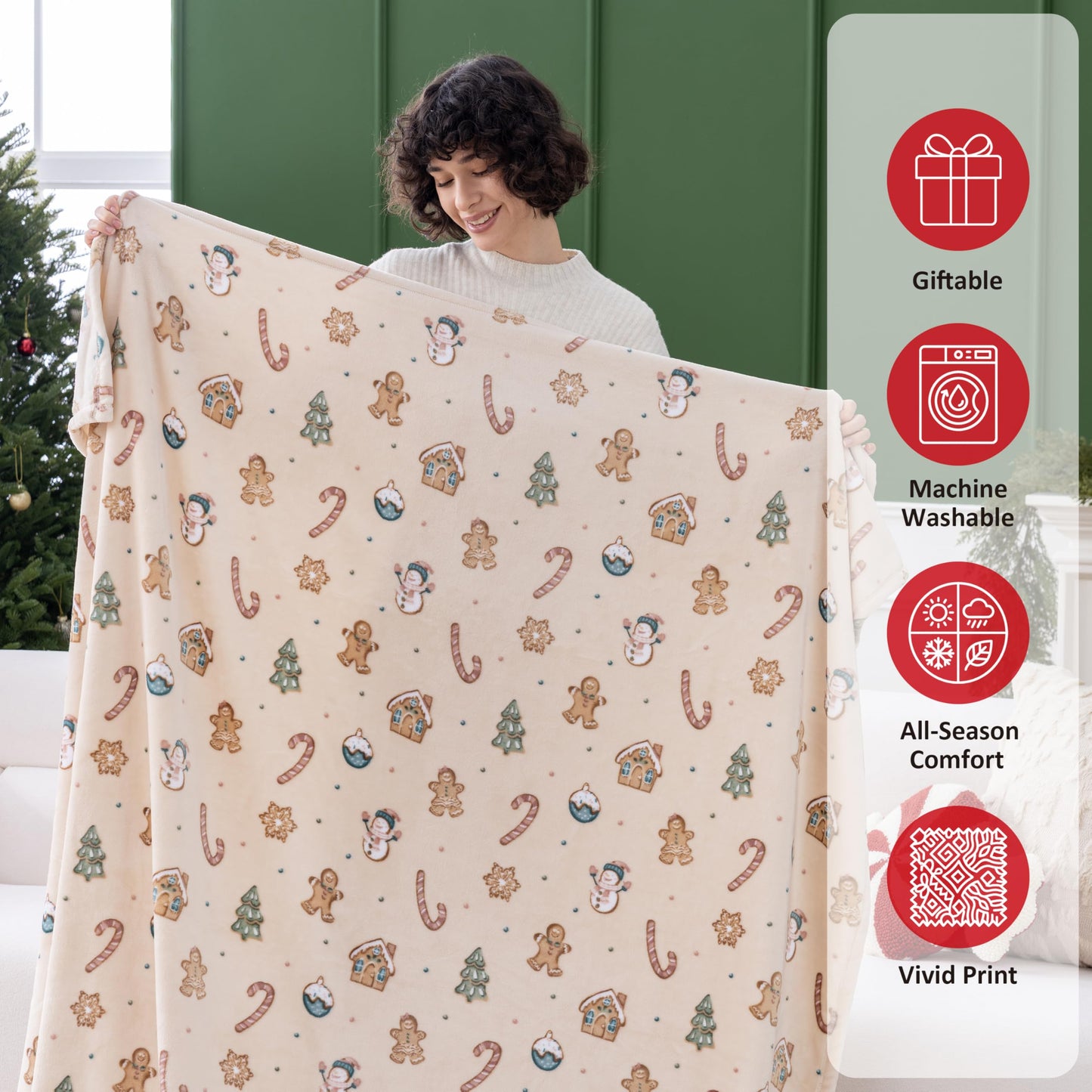 Sushing Christmas Printed Fleece Throw, Soft Plush Warm Festive, Cozy Couch Decor, 60"× 70", Confections