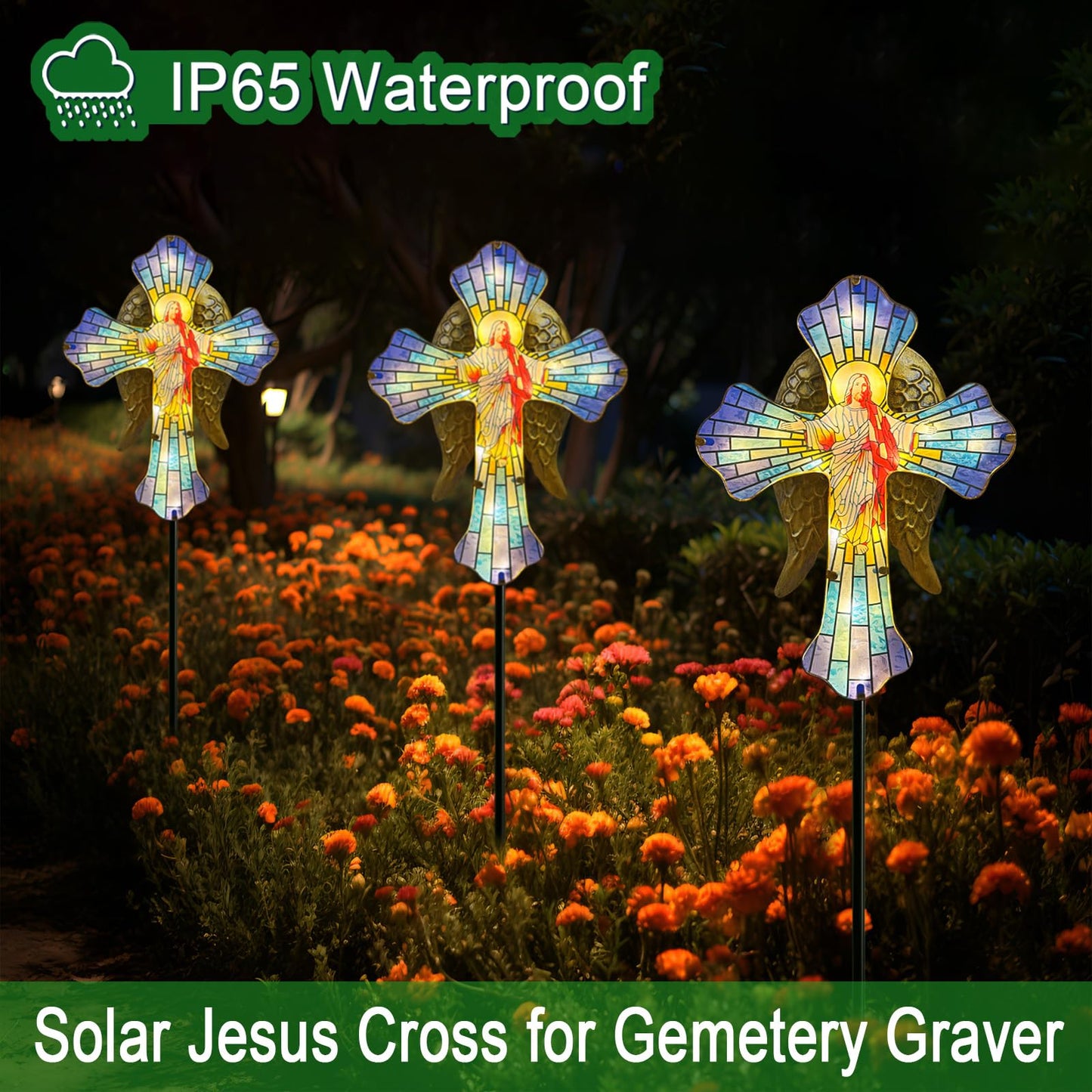 Solar Jesus Cross for Gemetery Graver,Golden Angel Wings,Grave Decorations for Cemetery,Sympathy Memorial Gifts,Christmas Yard Decor Outdoor