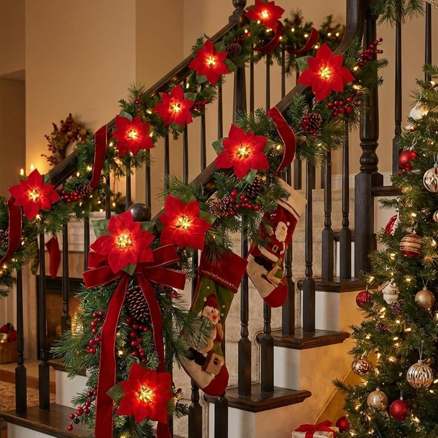Christmas Red Flower String Lights Plug in, 8.5Ft Red Christmas Decorations Lights Outdoor with 10 LED Flowers Lights, Hanging Flowers Fariy String Lights for Holiday Party Window Home Birthday Decor