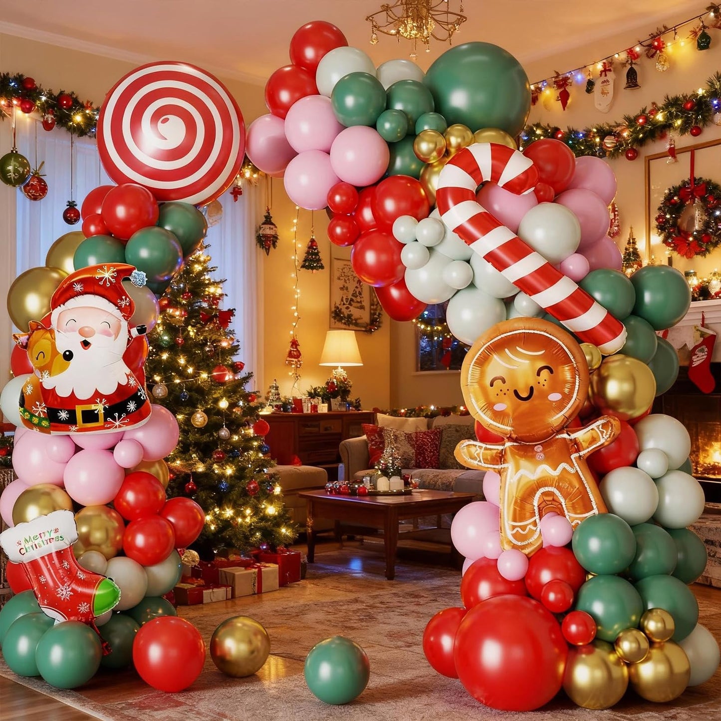 Christmas Balloon Arch Kit,108 Pcs Gingerbread Man Balloon Garland Kit, Sage Green Pink Red Latex Balloons Santa Claus Foil Balloons Candy Cane for Xmas Birthday New Year Christmas Party Decorations