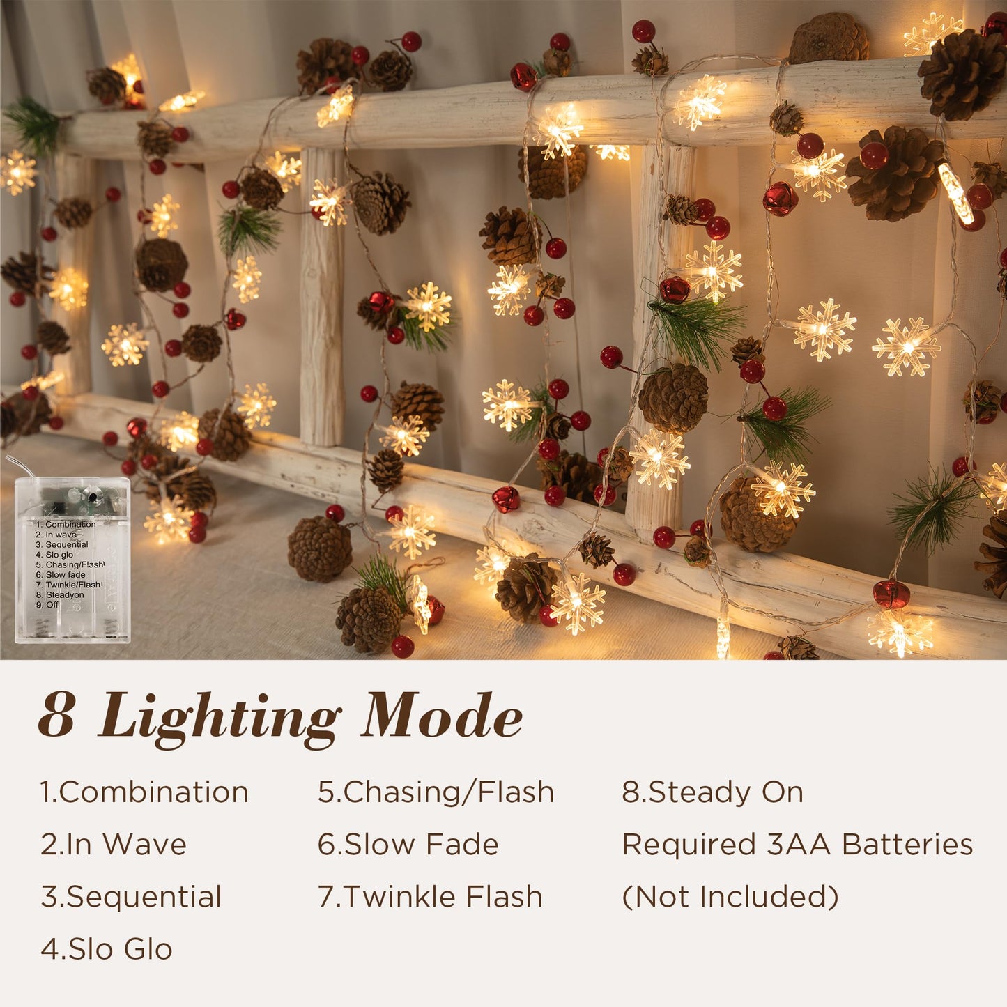 Christmas Garland with Lights,6.6FT Snowflake Pinecones Christmas String Lights with Remote Control,20 LEDs Battery Operated Garland for Christmas Decorations Indoor/Outdoor (Warm White)