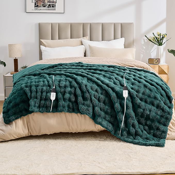 Heated Blanket Electric Throw Blanket 84''X 90''-Heating Blanket with 6 Heat Settings-10 Hours Auto Off,Cozy Faux Rabbit Fur Bubble Electric Blanket,Dark Green