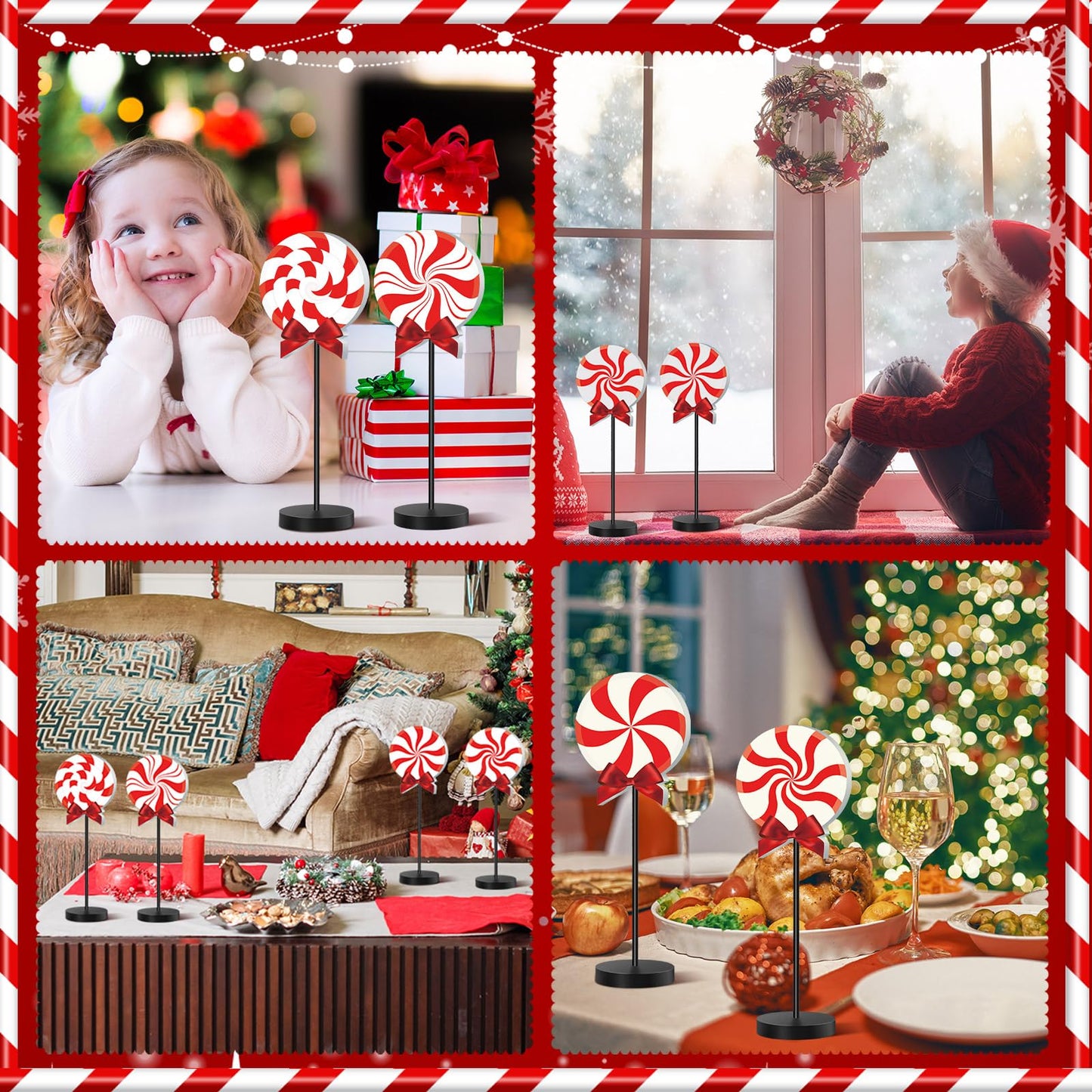 Geetery 6 Pcs Christmas Table Decorations Wood Candy Set Red Christmas Tiered Tray Decor Peppermint Tables Signs Home Decorations for Xmas Holiday Kitchen Table Top Decor(Red White,Classic)