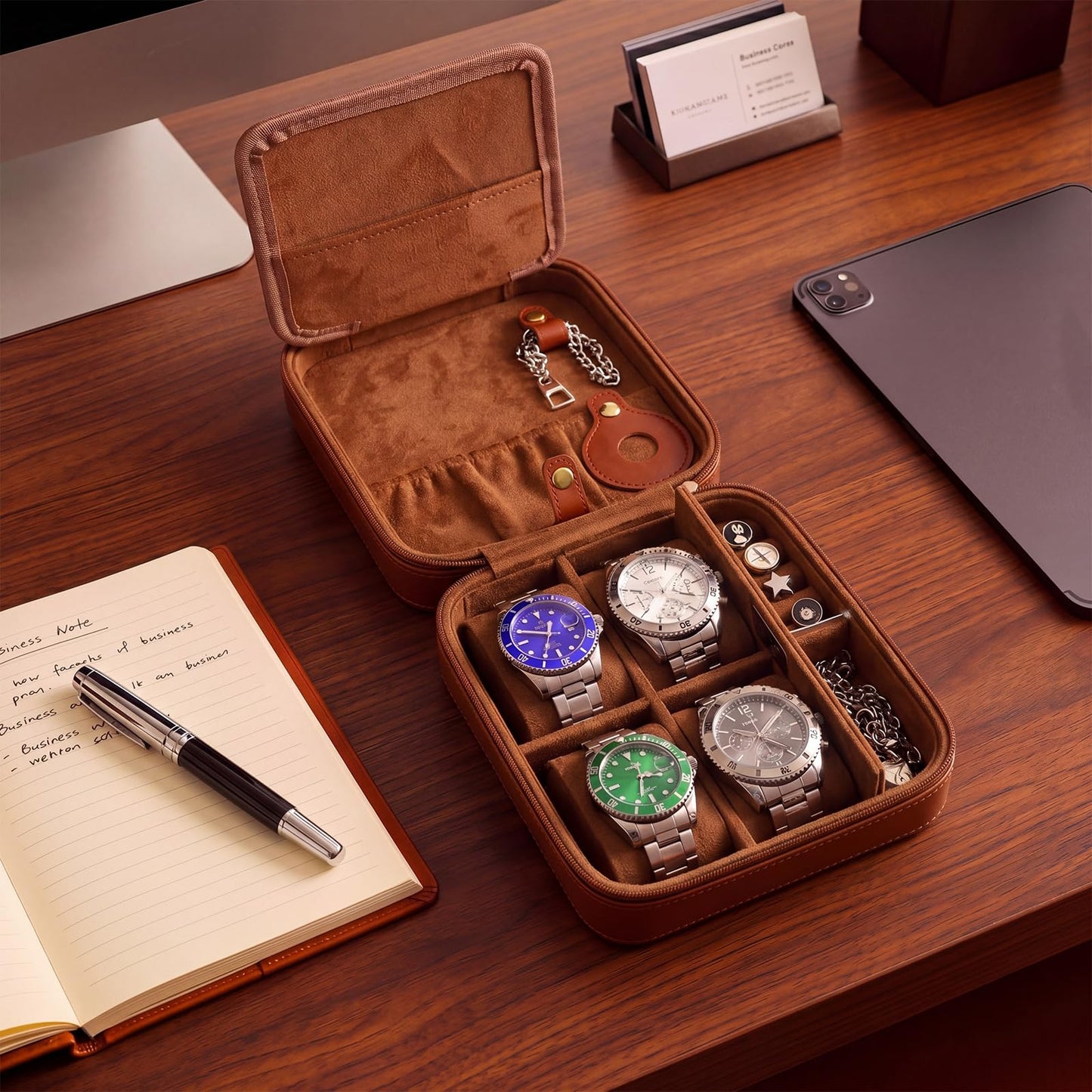 Hinly Travel Watch Case for Men 4 Slots PU Leather Mens Father Jewelry Box with Compartments Zippered Portable Watches Cufflinks Accessories Storage Case Gift(Brown)