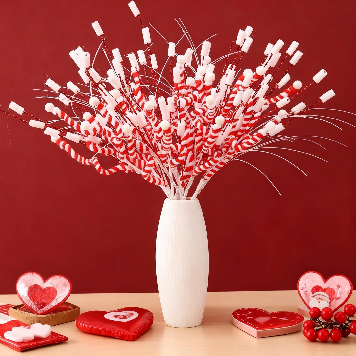 Suncalla 6 Pcs Valentine's Day Tree Decorations 16'' Red and White Stripes Valentines Picks Peppermint Candy Cane Curls Picks Warm Woolen Sticks Tree Topper Ornaments for Vase Wreath Garland Craft