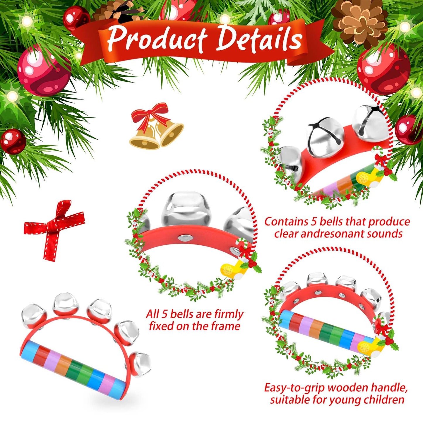 Bouiexye 8 Pcs Christmas Hand Bells for Kids Wooden Sleigh Bells with Red Handle for Classroom Christmas Party School Band Performance (Rainbow Color)