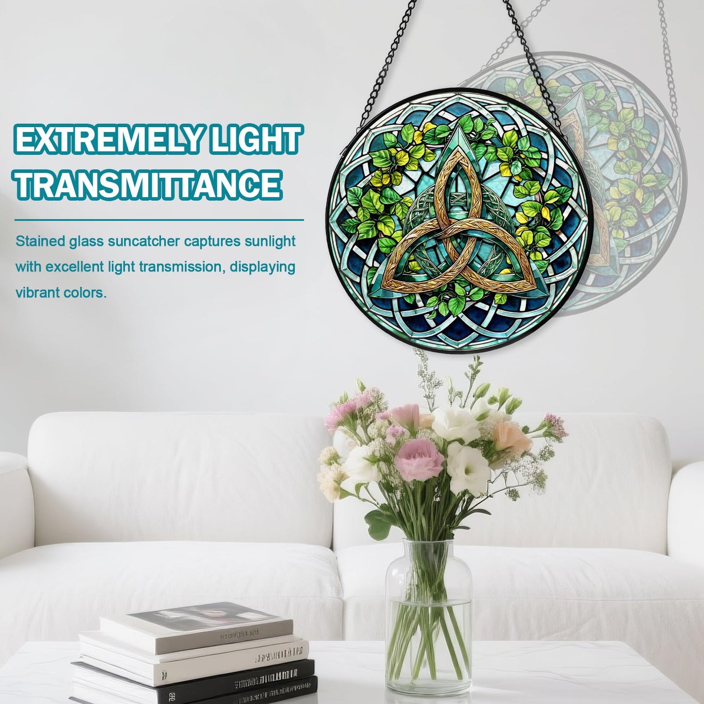 Celtic Knot Stained Glass Window Hanging, Suncatcher Diamond Glass Panel Hangings, Sun Catchers Indoor Windows Wall Art Decoration, Christmas Decor for Home Office Garden Green 7.87 inches