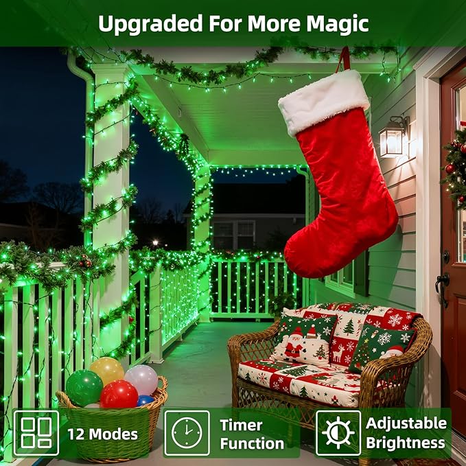 300LED Christmas Lights Outdoor Indoor Use, 12 Lighting Modes 75ft Christmas Tree Lights with Timer, Dimmable Plug in Green LED StringLights Waterproof for Yard Tree Wedding Party Holiday Green