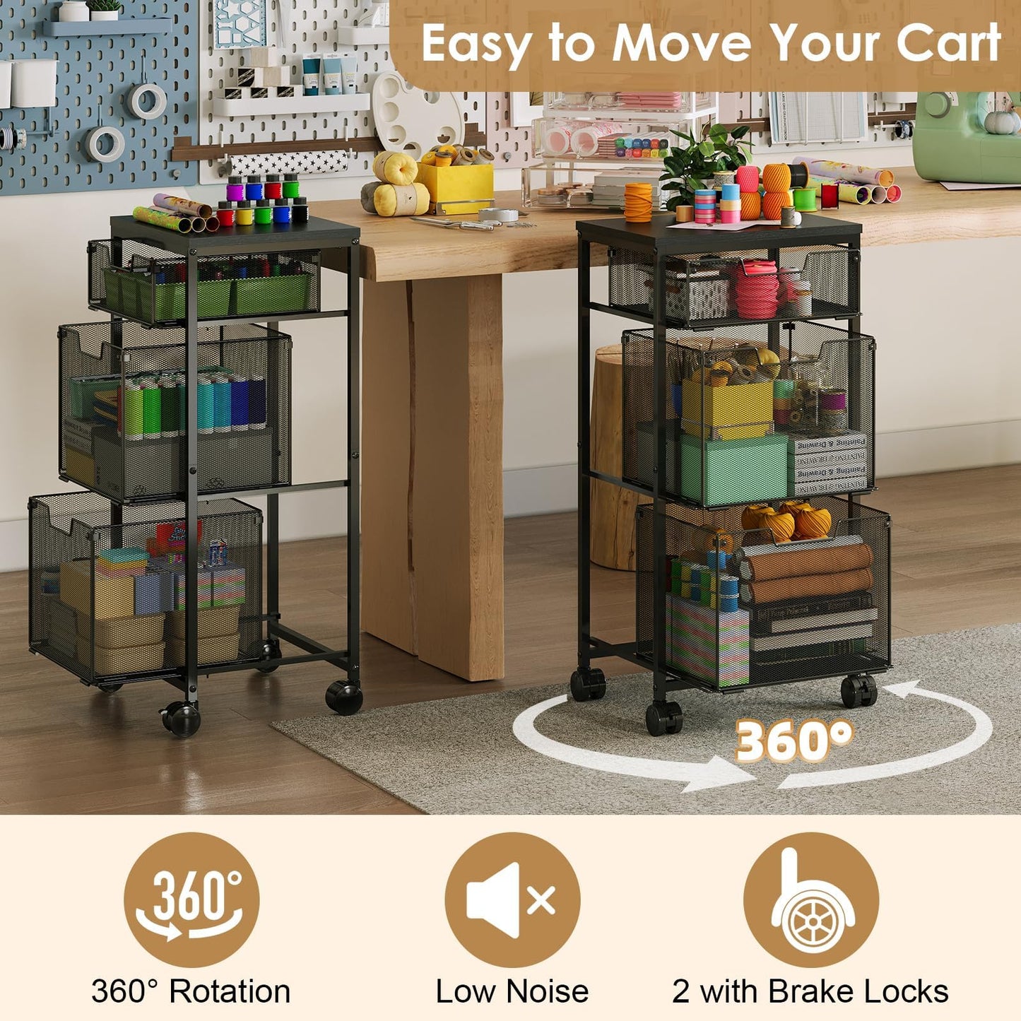 Sbanmao Rolling Storage Cart with 2L+1S Drawers, Metal Utility Cart on Wheels with Wooden Top, Craft Art Storage Organizer Cart for Classroom, Office, Home