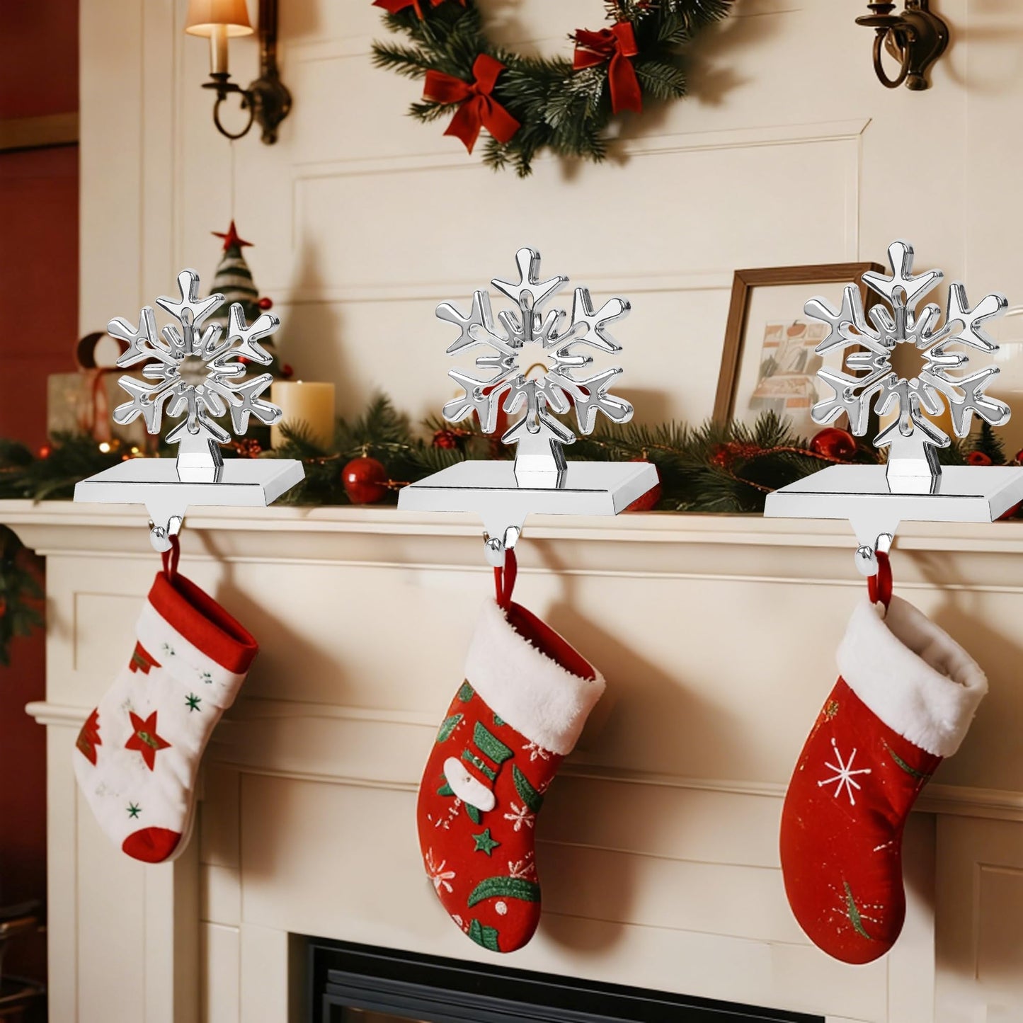 yofit 6 Pcs Christmas Snowflake Stocking Holder, Metal Christmas Stocking Hanger, 3D Sliver Stocking Hooks Non-Slip for Fireplace Mantel Window Christmas Home Xmas Party Decor