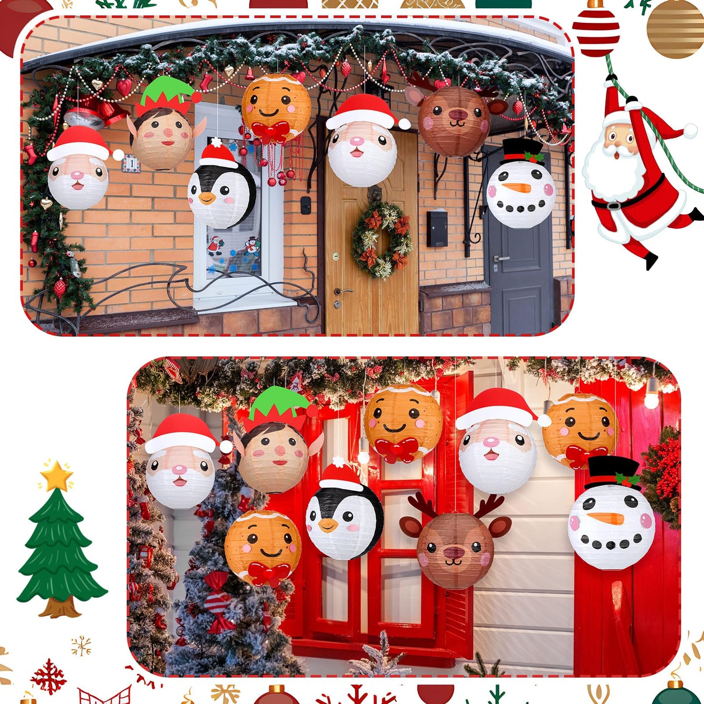 Baquler 12 Pcs Christmas Paper Lanterns 8 Inch Christmas Party Lanterns Gingerbread Man Elk Snowman Green Elf Winter Round Hanging Ornaments for Xmas Winter Holiday Decorations