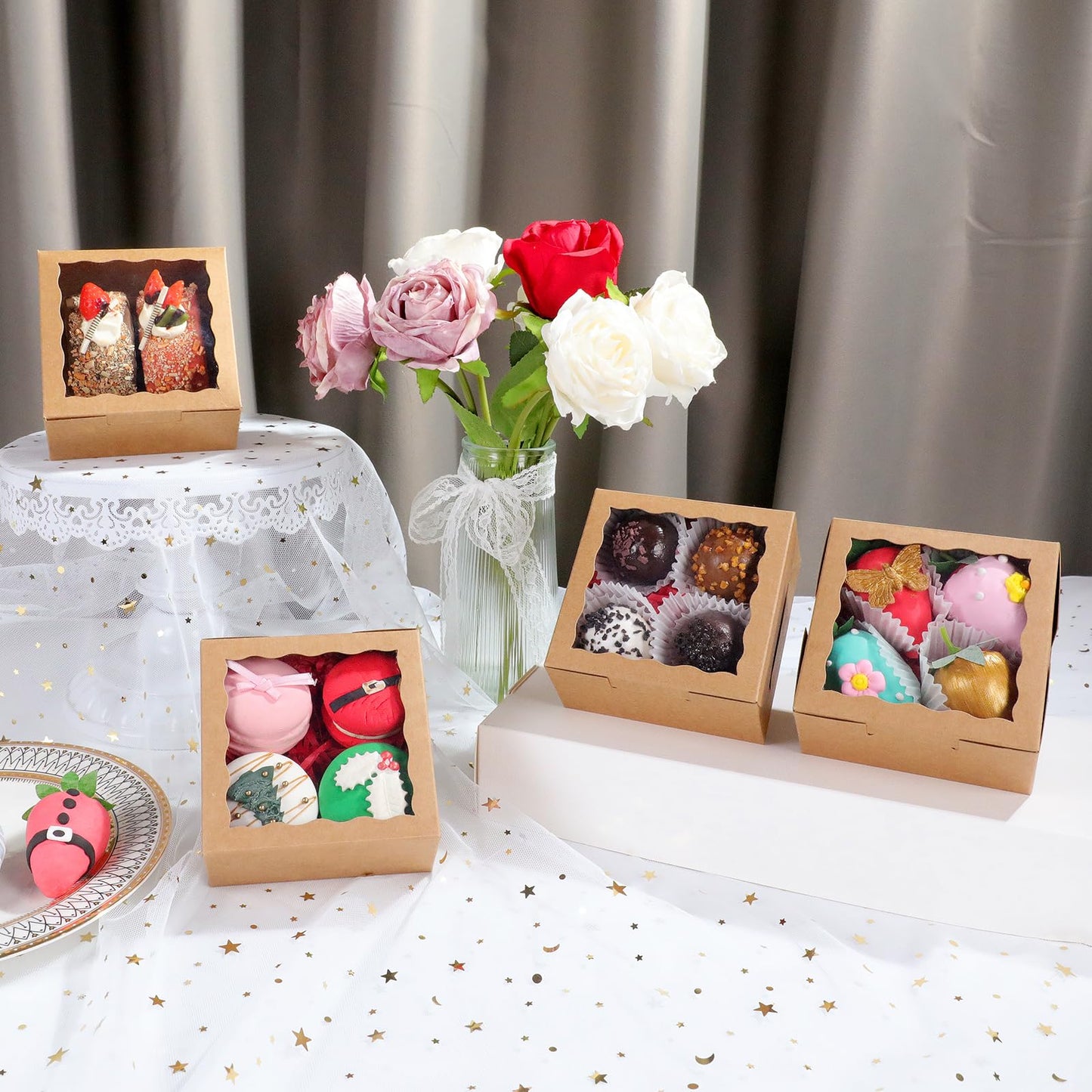 JCXGRVC 50 Pack Cookie Boxes with Window 4x4x2 Inch,Bakery Boxes, Chocolates Strawberries,Treat Boxes, Mini Cake Boxes, Pastry Dessert Boxes for Candy, Cupcakes- Brown Paper