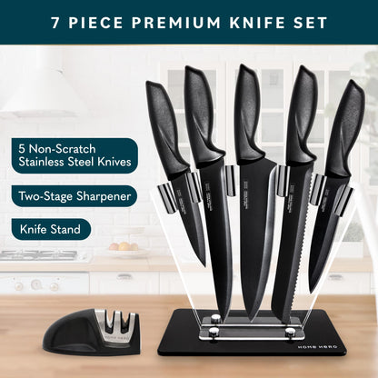 Home Hero Kitchen Knife Set with Sharpener - High Carbon Stainless Steel Knife Block Set with Ergonomic Handles (20 Pcs - Acrylic Black)