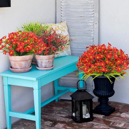 36pcs Faux Plants Outdoor, Uv Resistant Artificial Plants Outdoor Fake Flowers Plants Plastic Greenery Shrubs for Outside Window Box Garden Patio Porch Home Decor (Mixed Red)