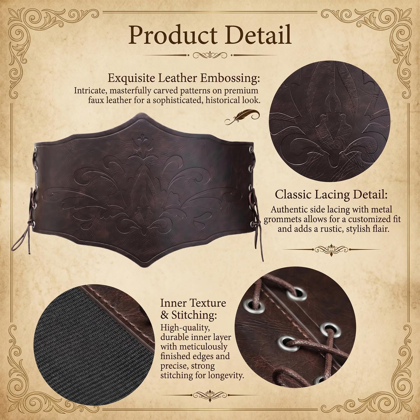 Essestim Renaissance Leather Corset Belt Tied Medieval Viking Belt Tight Corset Wide Cinch Belt for Women (Brown)