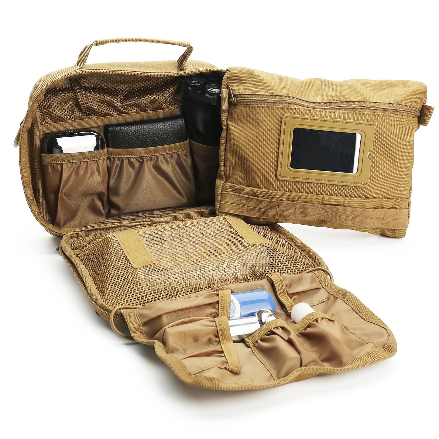 SMONT Tactical Toiletry Bag for Men Travel, Hanging Dopp Kit Shaving Hygiene Bag for Traveling Bathroom Brown